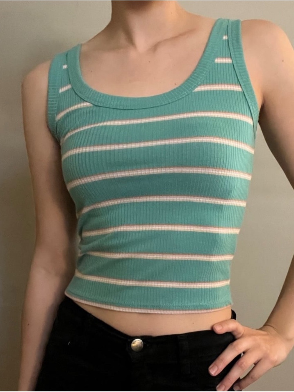 Ribbed Stripe Tank Top in Teal and White, XS